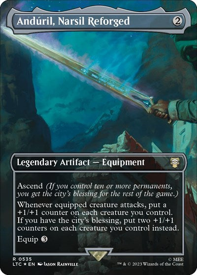 Anduril, Narsil Reforged (Borderless) (Surge Foil) (Commander: The Lord of the Rings: Tales of Middle-earth) Light Play Foil