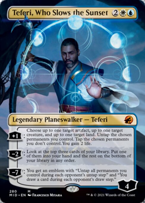 Teferi, Who Slows the Sunset (Borderless) (Innistrad: Midnight Hunt) Light Play