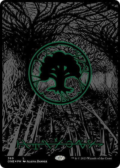 Forest (Phyrexian) - Full Art (Oil Slick Raised Foil) (Phyrexia: All Will Be One) Medium Play Foil