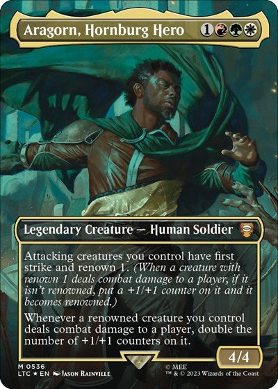 Aragorn, Hornburg Hero (Borderless) (Surge Foil) (Commander: The Lord of the Rings: Tales of Middle-earth) Near Mint Foil