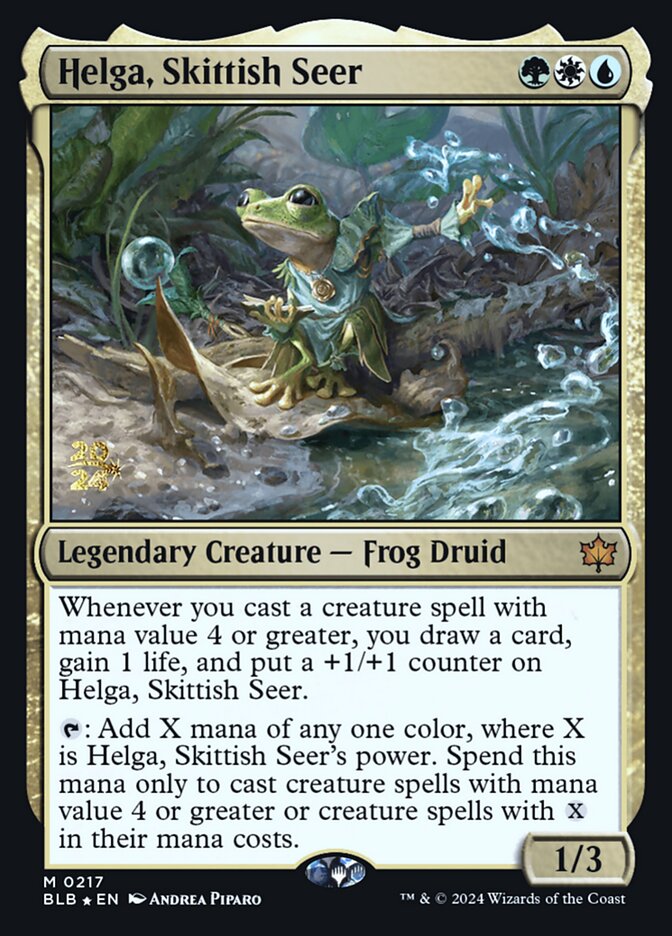 Helga, Skittish Seer — Bloomburrow prerelease (PBLB 217s), English