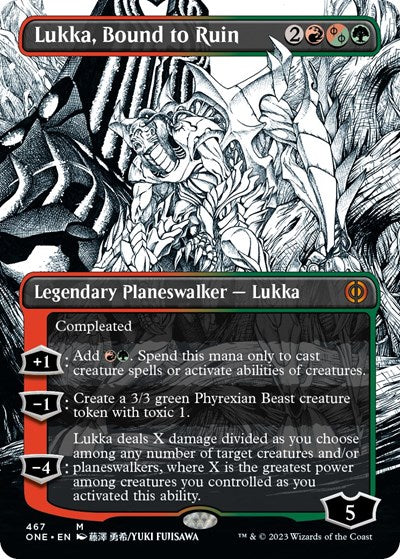 Lukka, Bound to Ruin (Borderless) (Step-And-Compleat Foil) (Phyrexia: All Will Be One) Light Play Foil