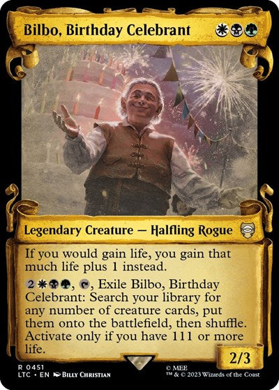 Bilbo, Birthday Celebrant (Showcase Scrolls) (Commander: The Lord of the Rings: Tales of Middle-earth) Light Play Foil